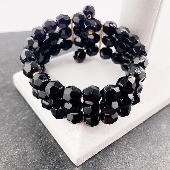 VINTAGE Black plastic beaded memory wire triple layer cuff bracelet 1950s 1960s - Picture 3 of 8